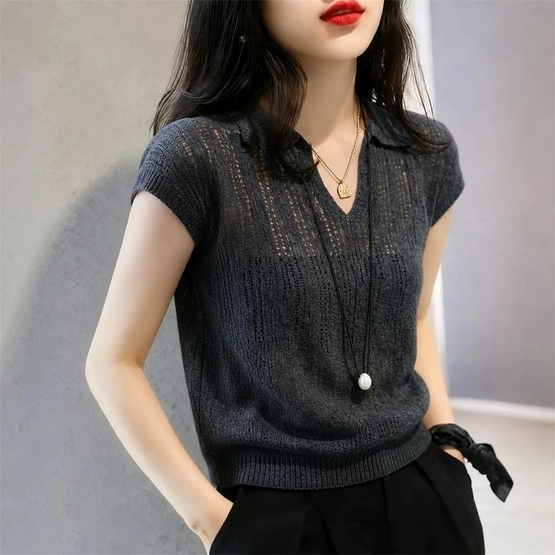 Women's White Hollow-Out Knit Polo Collar Short Sleeve Top