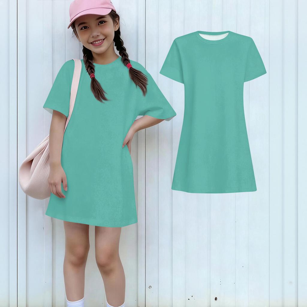 Girls Casual Sundress Kids Loose Round Neck Short Sleeve Lightweight Dress