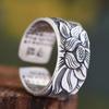 Thai silver black lotus heart sutra opening ring for men and women Silver vintage lotus novel wide silver ring ring