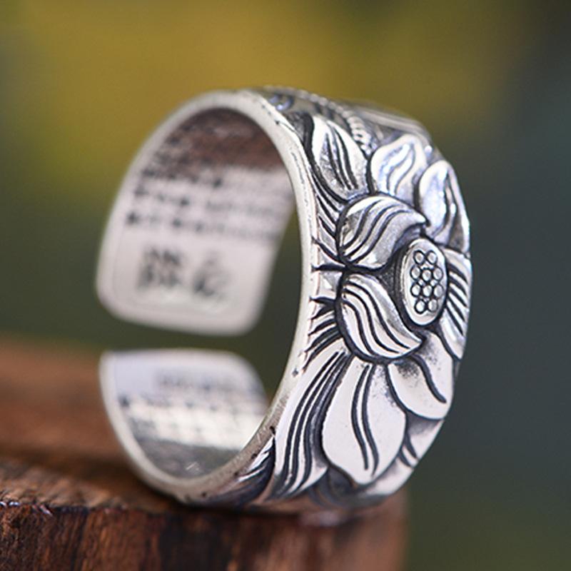 Thai silver black lotus heart sutra opening ring for men and women Silver vintage lotus novel wide silver ring ring