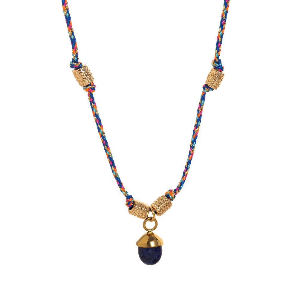 Stainless Steel Half-circle Natural Stone Acorn Pine Cone Pendant Necklace with Hand-knotted Rope Jewelry for Women.