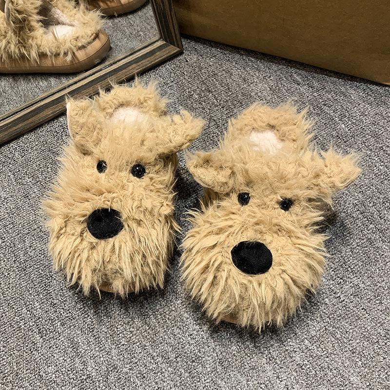 Casual Fluffy Slippers Women House Flat Cartoon Dog Designer Winter Shoes Girls Cute Indoor Plush Warm Platform Footwear Fashion