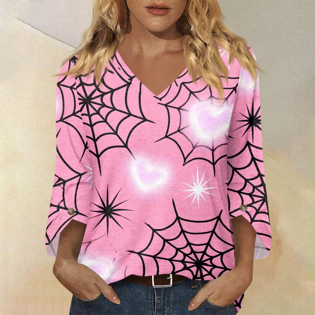 Women's Casual Halloween Print V-Neck Three-Quarter Sleeve Top