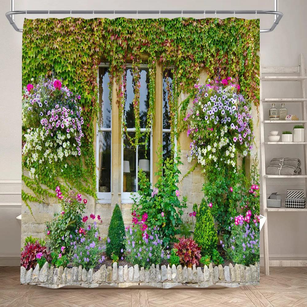Fence Flowers Shower Curtains Blue Window Nature Floral Plants Scenery Modern Garden Wall Hanging Home Bathroom Decor with Hooks