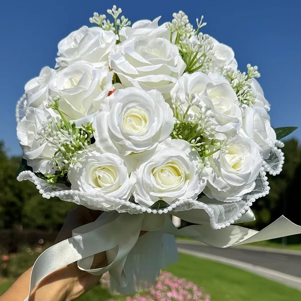 Künstliche Seidenblumen Brautstrauß Exquisiter Weißer Rosenstrauß Braut Accessoires