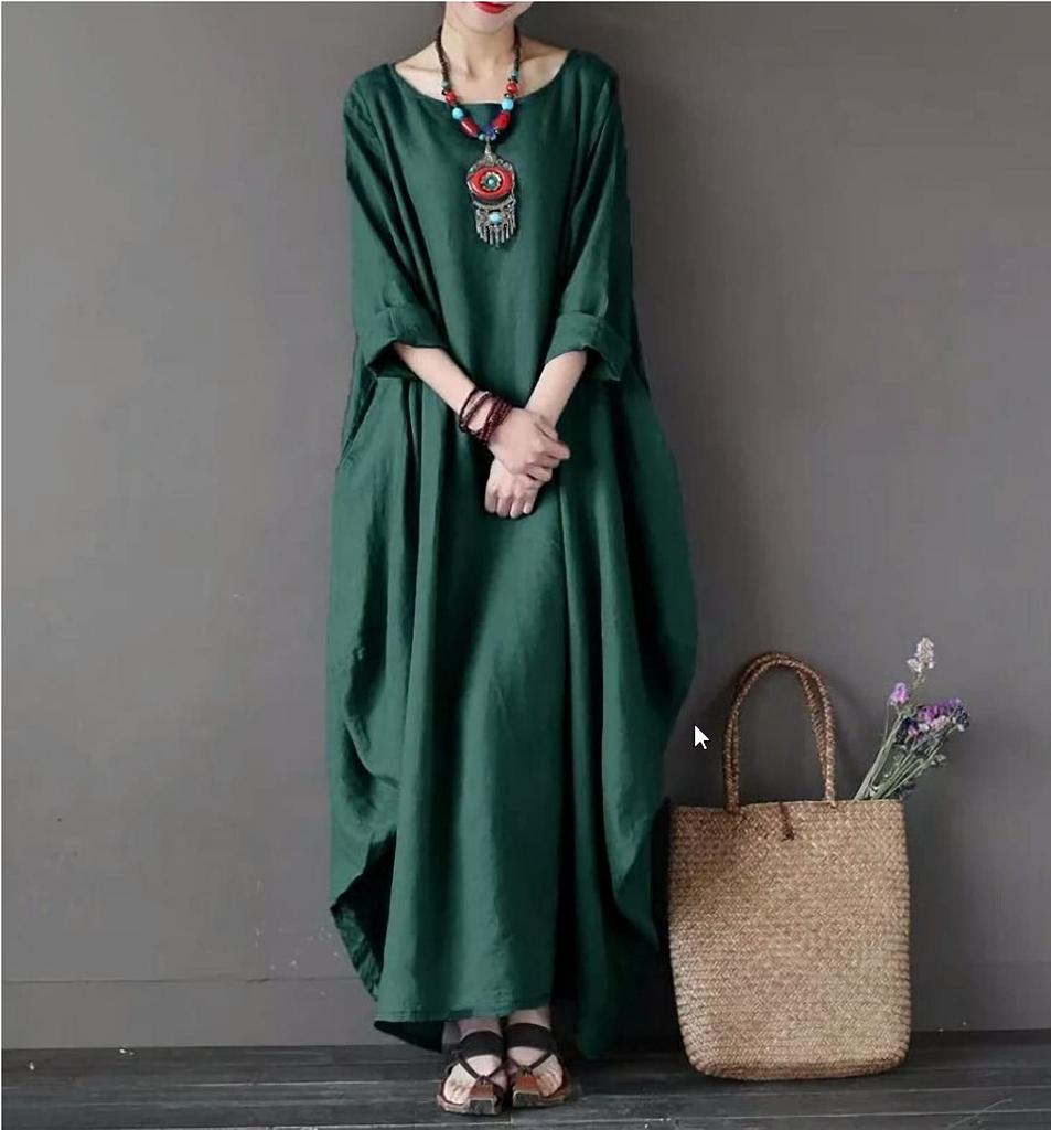 Cotton Linen Plus Size Solid Color Extra Long Dress Loose Dress [JINJUDUO] (Green, XL)