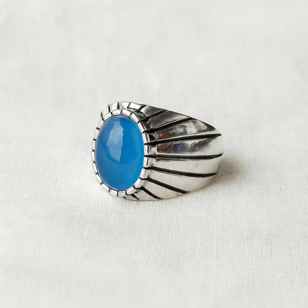 Blue Oval Chalcedony Signet Ring, 925 Sterling Silver, Handmade Minimalist Boho Style Jewelry