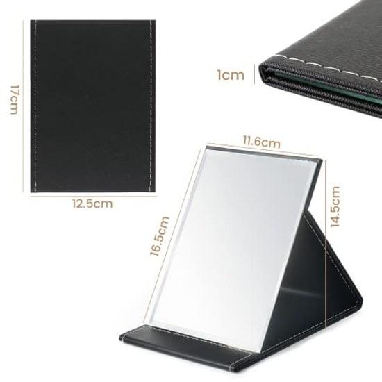 OWLKELA Tabletop Mirror Compact Folding Hand S Size Stand Leather Cover Shatter-resistant Stylish 1612cm Black