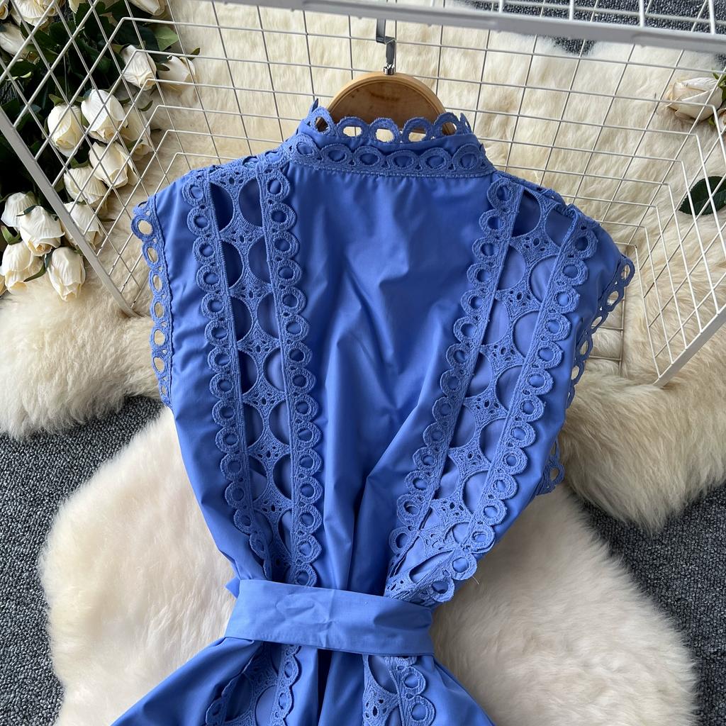 Summer Elegant Stand Collar Lace Spliced Embroidery Holiday Dress Women's Sleeveless Tank Party Dressess