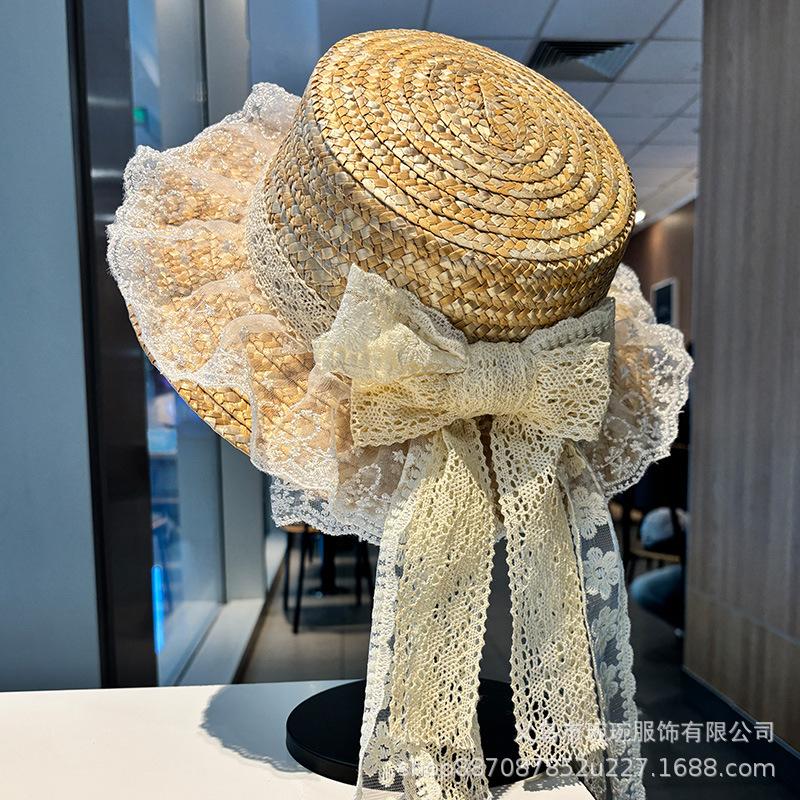 Small fresh Mori pastoral girl soft girl straw hat female handmade lace bow streamer flat top sun hat