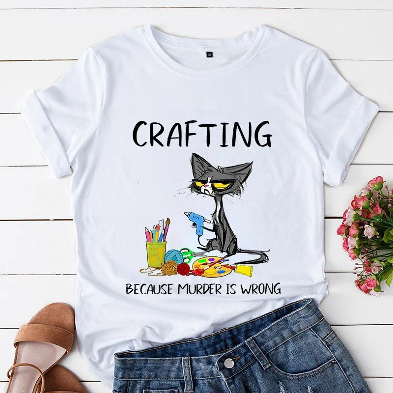 Sommer Kurzarm T-Shirt bedruckt mit Schwarzer Katze Gartenarbeit Lässig Lockeres Oberteil, Modische Reine Baumwoll-T-Shirts Damen