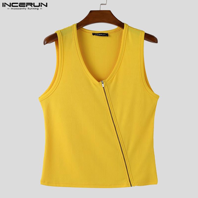 INCERUN Men V Neck Sleeveless Zip-up Casual Fitted Rib Tank Tops