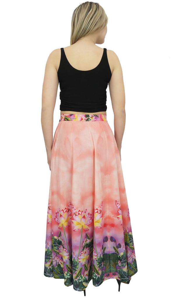 Bimba Women's Peach Floral Printed Maxi Summer Cotton Skirt Elastic Waist-L