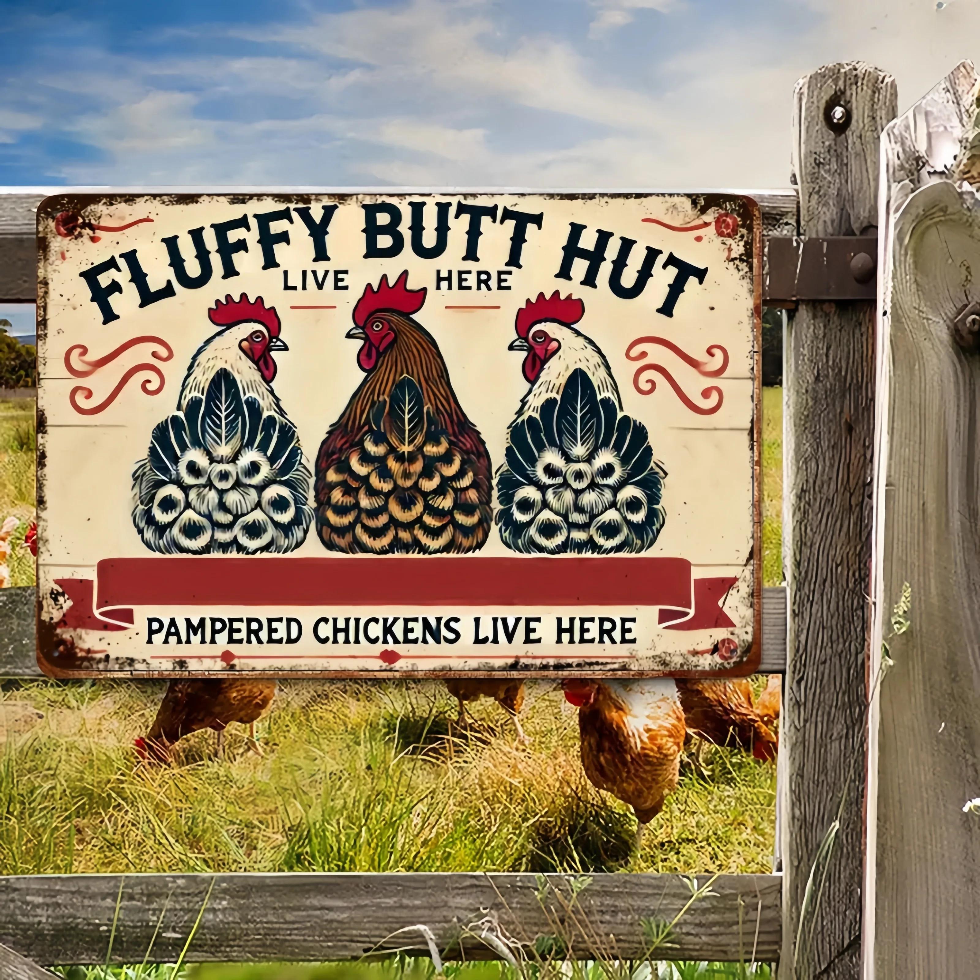 

CoopChicDecor Vintage Fluffy Butt Hut Plaque | Metal Wall Decor for Chicken Owners | Multipurpose Home, Garden & Holiday 20x30cm（7.8x11.8inch）