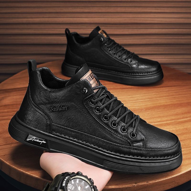 Spring Men's Shoes New Breathable High-top Shoes Men's Trend Versatile Black Leather Shoes Casual Non-slip Chef Shoes Board Shoes