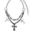 Gothic Punk Skull Cross Pendant Necklace With Rivets Beads Alloy Chain Men Women Dark Style Statement Jewelry