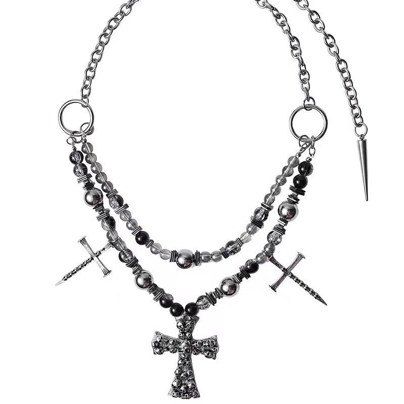 Gothic Punk Skull Cross Pendant Necklace With Rivets Beads Alloy Chain Men Women Dark Style Statement Jewelry