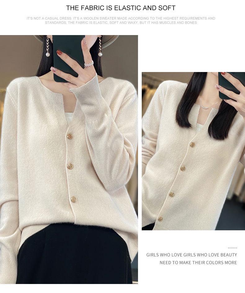Women's 100% Wool Round Neck Cardigan - Slimming Knit Jacket, Spring Cashmere Sweater, Versatile Outerwear