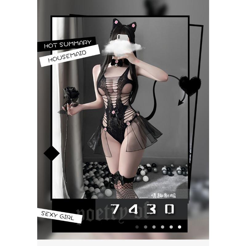 Women Sexy Hollow Out One Piece Suspender Mesh Bodysuit Role Play Lingerie Set