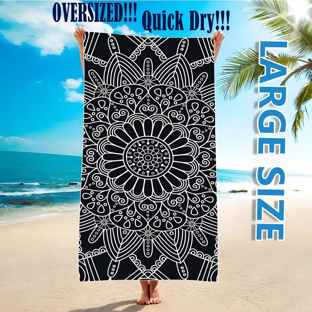 Ultra Fine Fiber Black Floral Beach Towel, Lightweight Comfortable for Swimming Diving Summer Fun