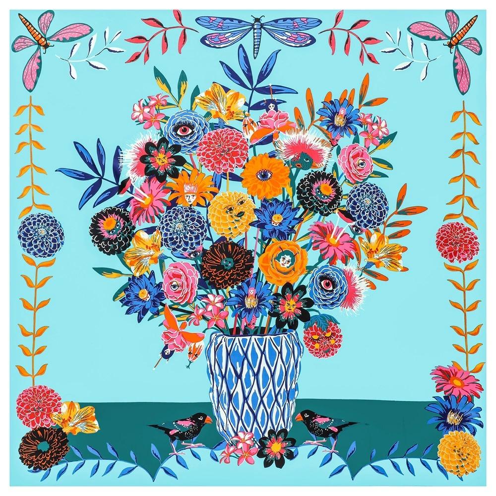 

130CM Women Large Shawl French Vase And Flower Printed Square Bandana Luxury Colorful Kerchief Hijab Scarf 130x130cm