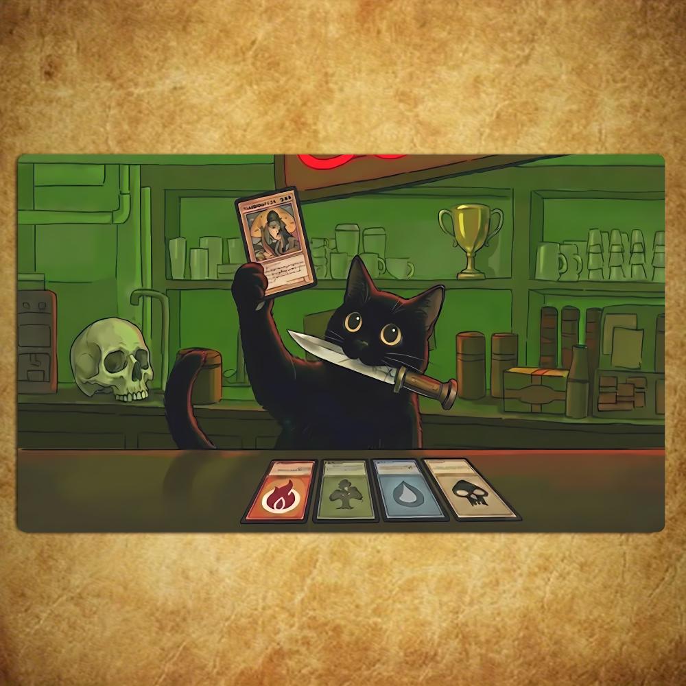 Ramen Shop Black Cat Mouse Pad Card Playmat Stitched with Magic Zones Game Mats Tabletop for MTG/TCG Gaming Mat