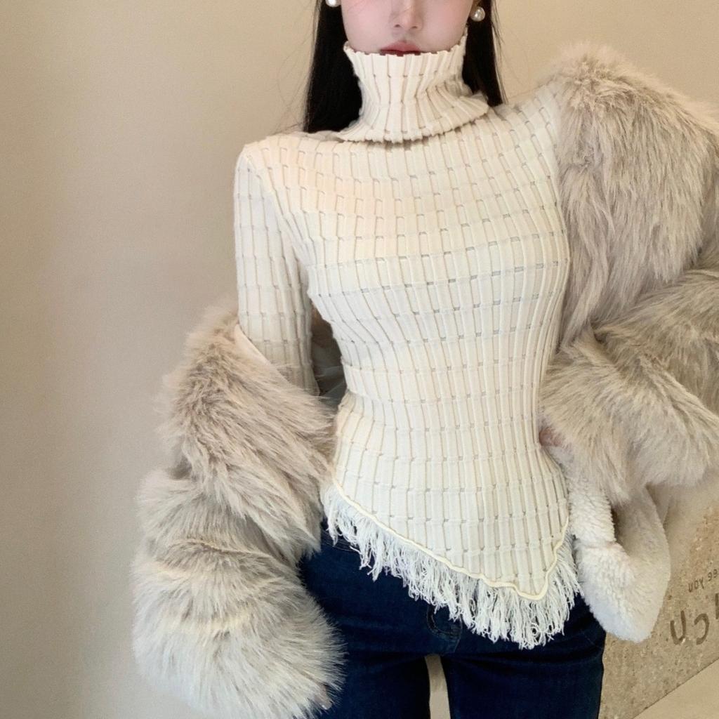 Tassel knitted bottoming shirt for women's autumn and winter, unique and chic design sense, niche inner turtleneck sweater, high-end top