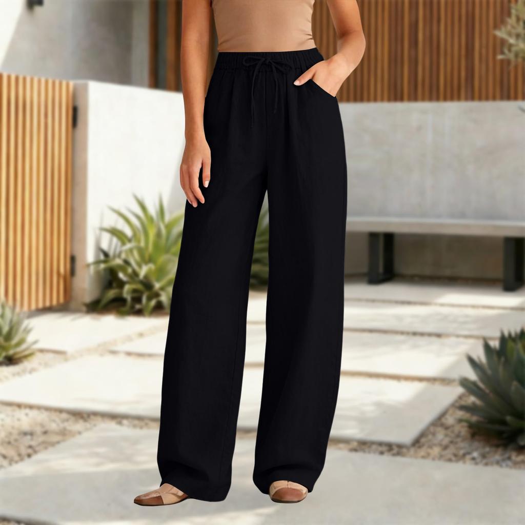 Women's Casual Relaxed Fit High-Waisted Belted Pocket Cotton-Linen Blend Trousers