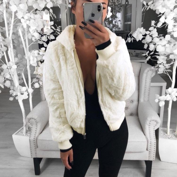 Women Bunny Fur Hooded Jacket Short Coat for Autumn Winter Female Fashion Outerwear