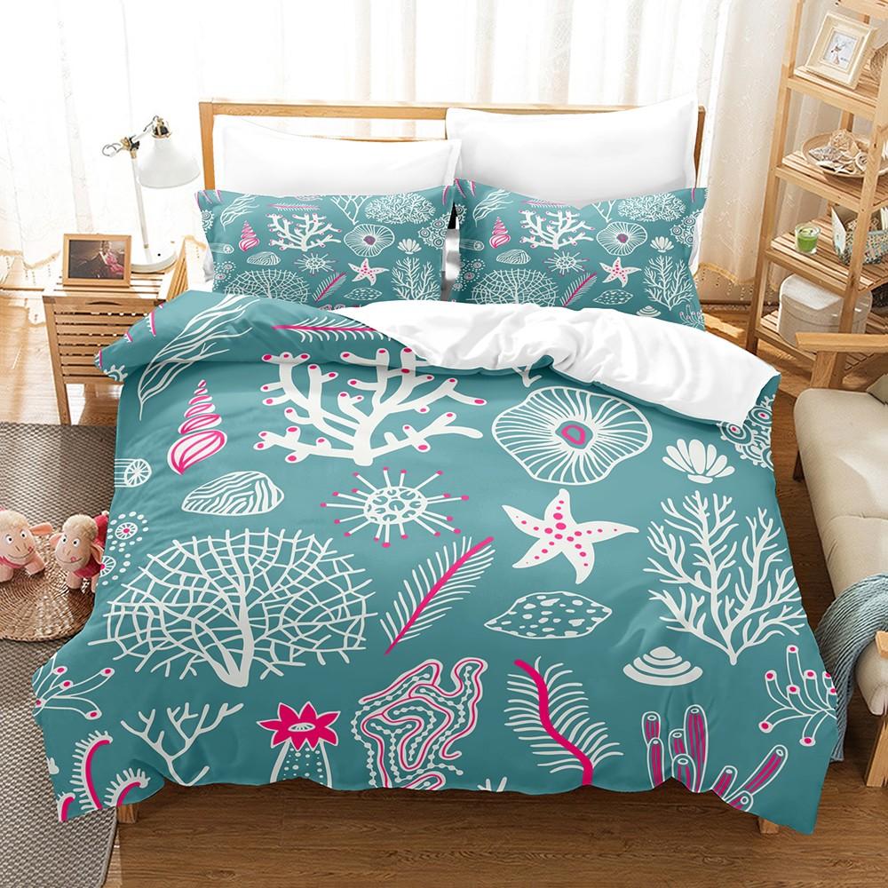 Soothing Underwater Theme Bedding Set 3D Print Quilt Cover Set 3PCS Soft Blue Mint Green Kids Sea Creatures Decor Home Suitable