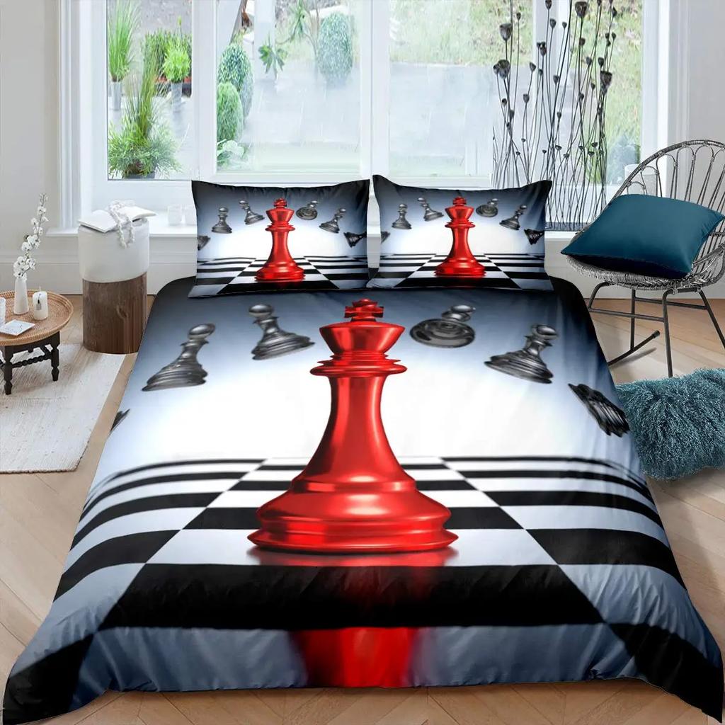 Chess Duvet Cover Set Chess Sports Games Bedding Sets Buffalo Plaid Check Comforter Cover Flowers Checkerboard Quilt Cover Queen