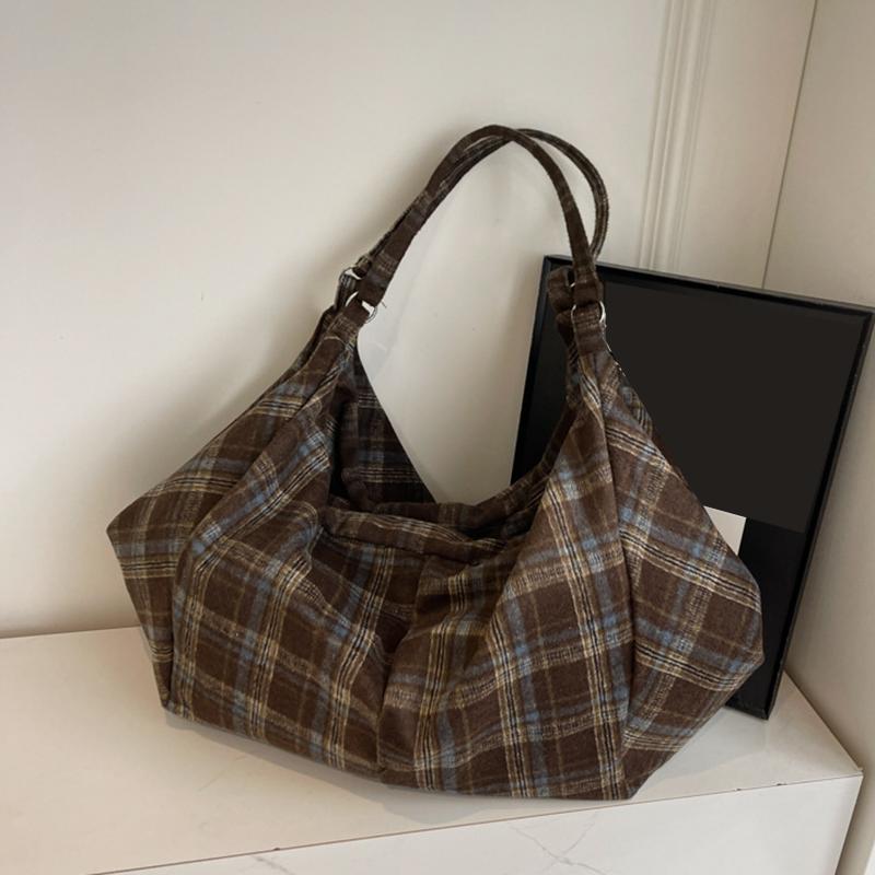 Chic Plaid Nylon Large Capacity Tote Bag Women Casual Top Handle Hobo Shoulder Shopper with Fixed Strap For Daily Work CLE
