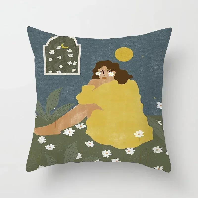 Yellow Orange Brown Abstract Art Cushion Covers Geometric Plants Sunrise Woman Portrait Painting Decoration Pillow Case 45x45cm