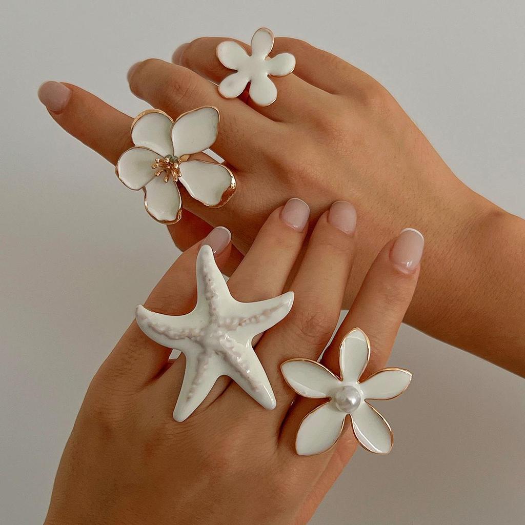 Cross-Border Exaggerated Metal Flower and Starfish Ring with Drip Glaze