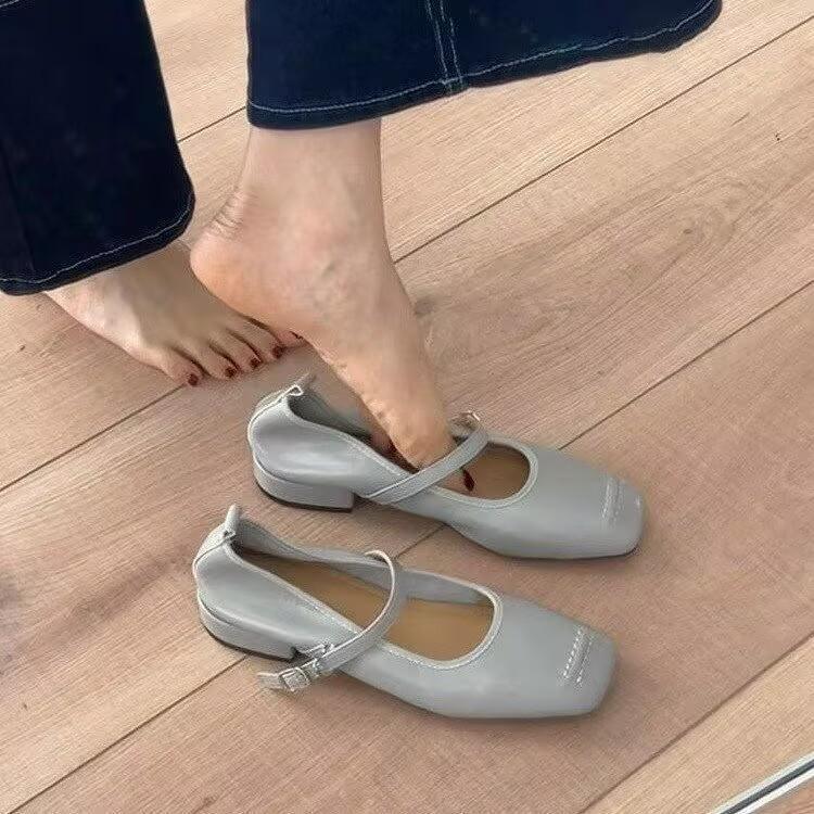 Square Head One-word Buckle with Mary Jane Shoes Women's New Soft Leather Yellow Retro Flat Shoes