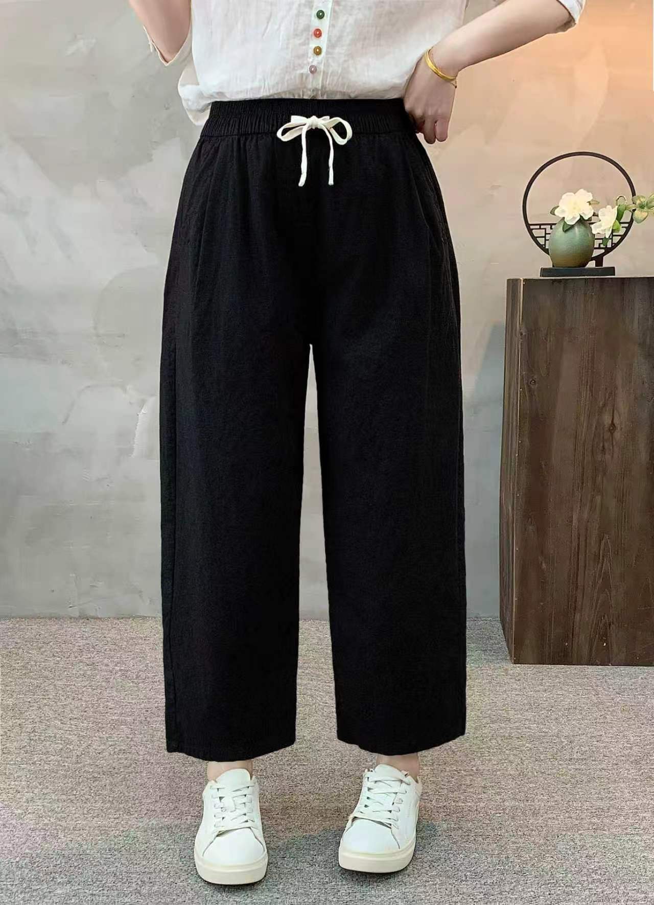 Women s High Waist Drawstring Linen Blend Harem Pants Loose Fit Carrot Cropped Trousers XL чёрный