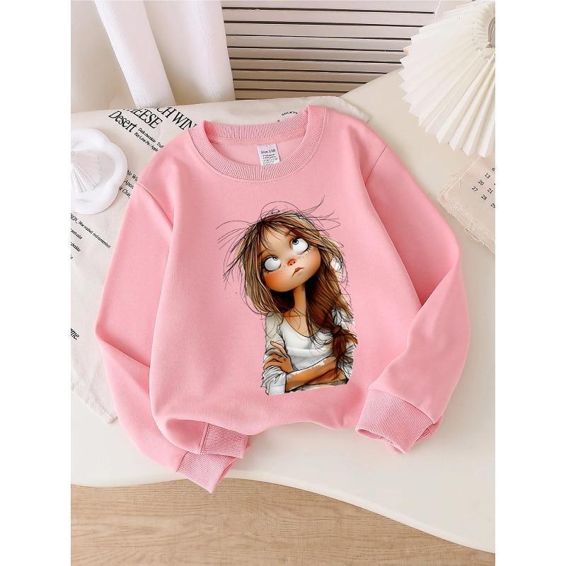 Kids Crewneck Sweatshirt, Whimsical Messy Hair Girl Graphic Print,Spring Autumn Casual Sport Tops