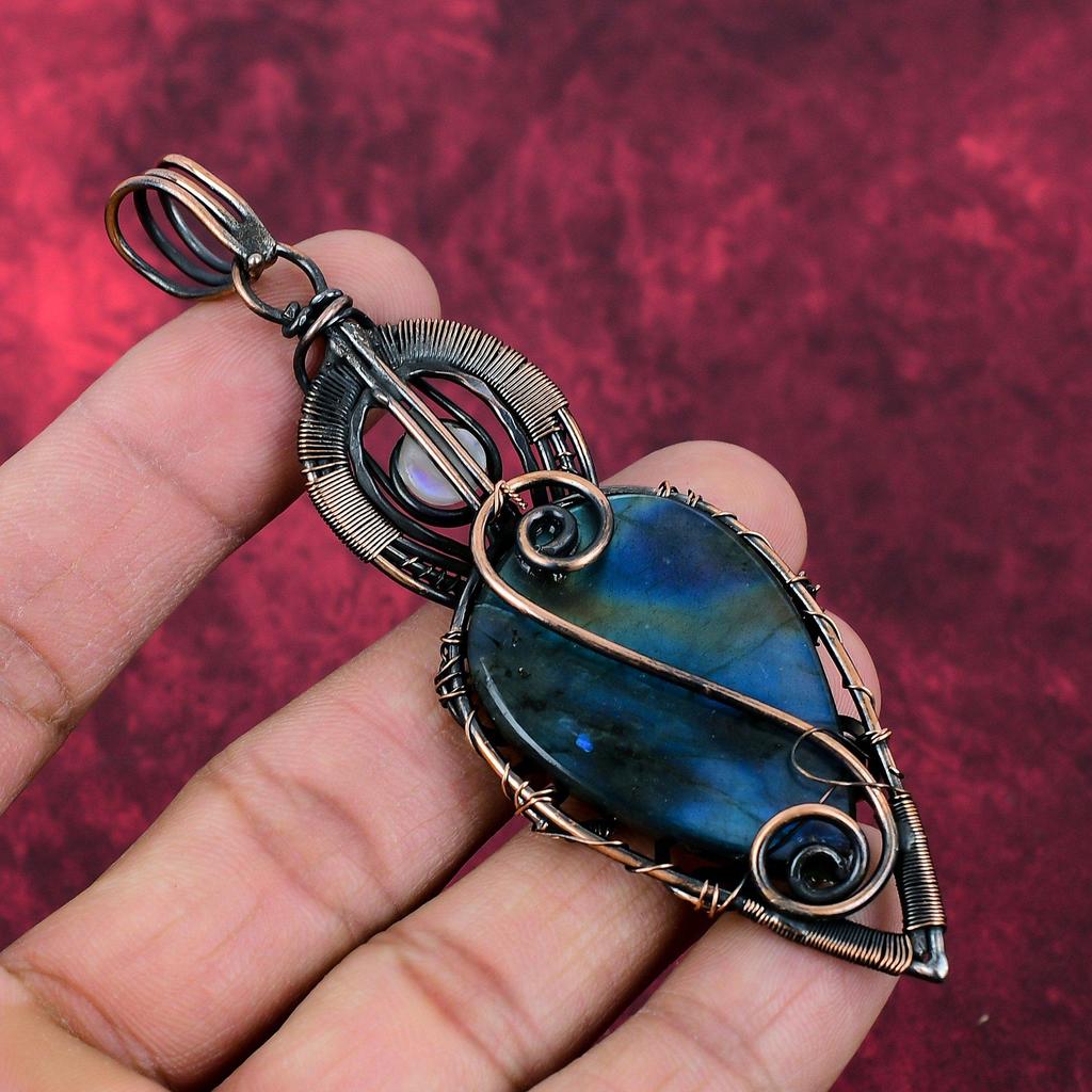 Labradorite Pendant Copper Wire Wrapped Jewelry Rainbow Moonstone Pendant Handmade Gemstone Jewelry Copper Wire Wrap Pendant Gifts For Her