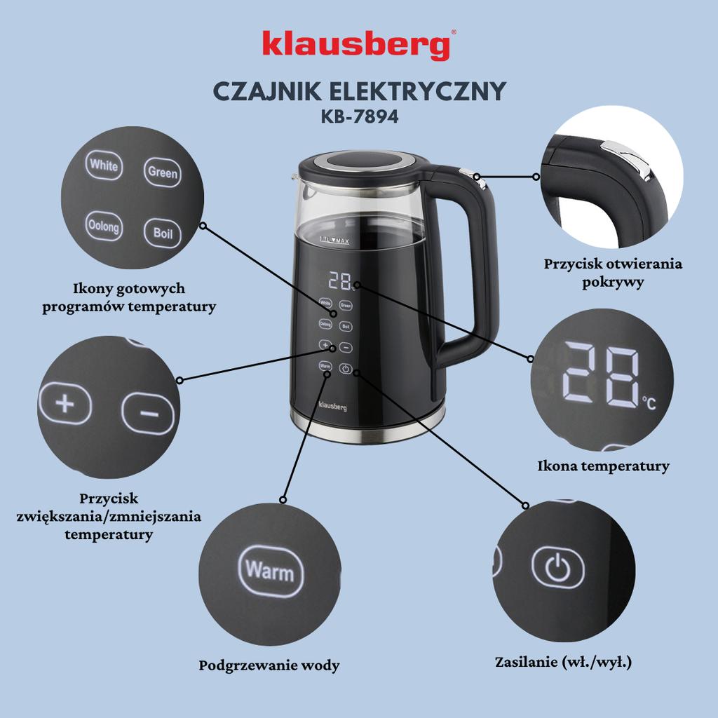 Czajnik elektryczny z regulacją temperatury 1.7L bezprzewodowy czarny KLAUSBERG KB-7894