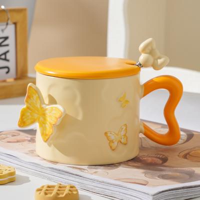 Souvenir with Lid Three Dimensional Butterfly Ceramic Cup with Spoon Set  High   Value Mug  Cute Girl Office Water Cup