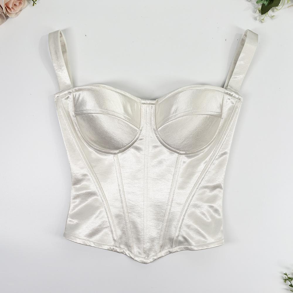 

Acetate satin satin inside with sling tube top underwear outside wearing Nordic style gathering beautiful back closing milk fish bone bra 40c (large cup) білий
