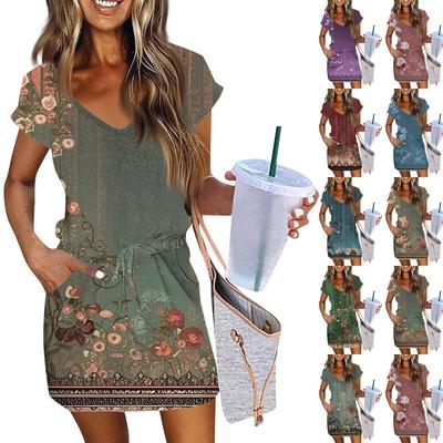 Women's Fashion Casual V-Neck Short Sleeve Drawstring Vintage Floral Print Dresses