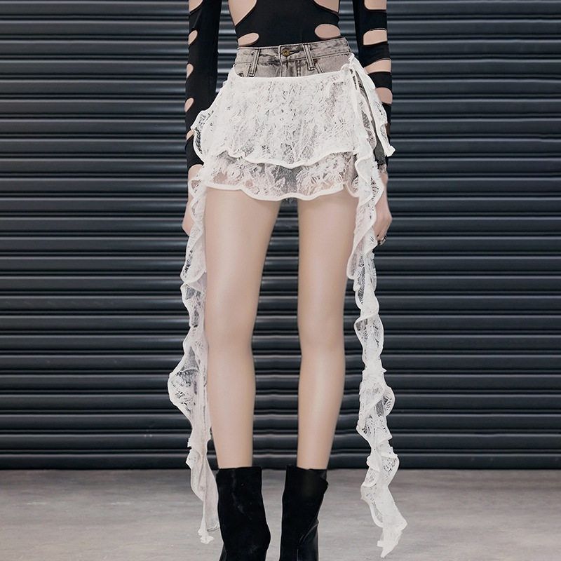 Amazon European and American Cross-Border Ribbon Cake Skirt Bohemian Solid Color Pleated Ruffle Irregular Short Skirt 34397 White L