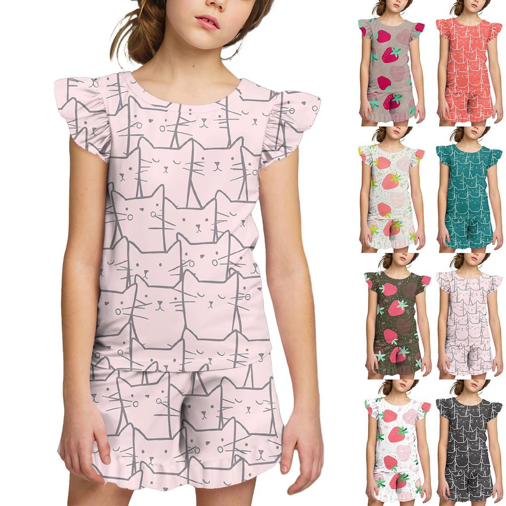 Summer Girls Cute Suit Flying Sleeves T-shirt Top + Ruffled Shorts Daily Outdoor Wear Cute Casual Fashion 2-Piece Set