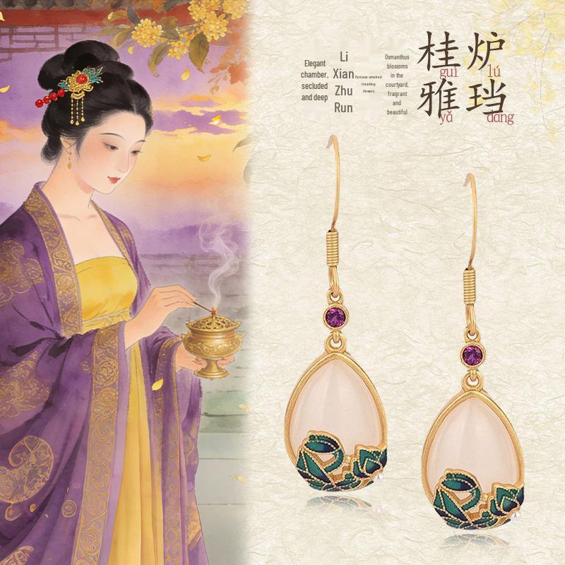 Palace Style Resin & Enamel Painted 925 Sterling Silver Gold Plated Drop Earrings with Inlaid Hetian Jade