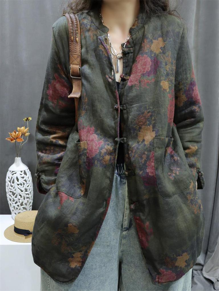 2026 Autumn Retro Print Women's Cotton-Linen Mid-Length Casual Frog Button Jacket