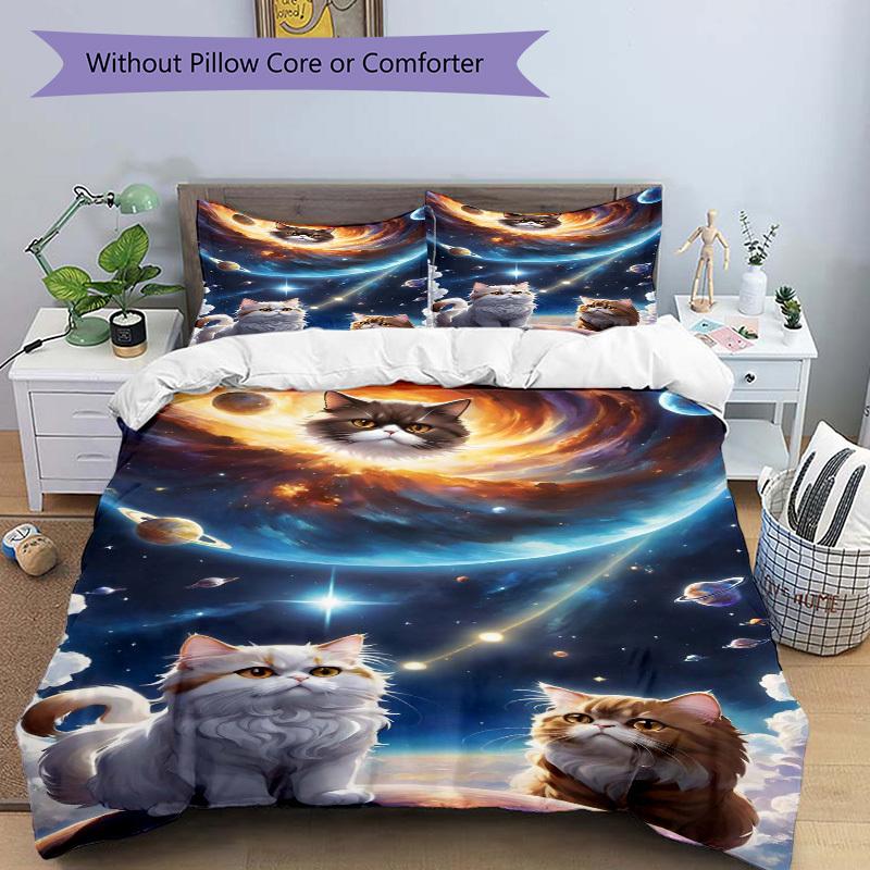 3pcs Anime Cat Galaxy Space Bedding Set - Includes One Quilt Cover and Two Pillowcases (No Core) - Home Decor, Festival Gift, Polyester Fabr