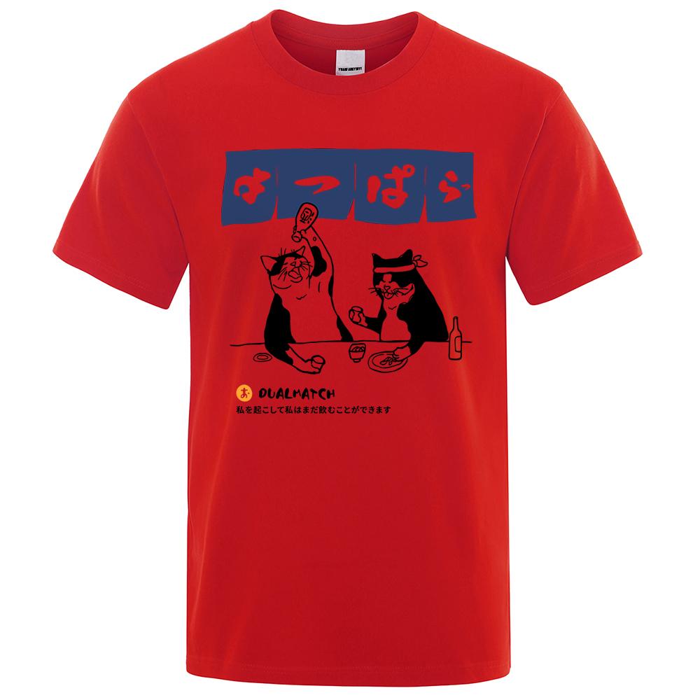 Harajuku Japanische Katze Trink-Tops Herrenmode O-Ausschnitt T-Shirt Straße Sommer Übergroße Kleidung Hip Hop Sweat Baumwoll-T-Shirts