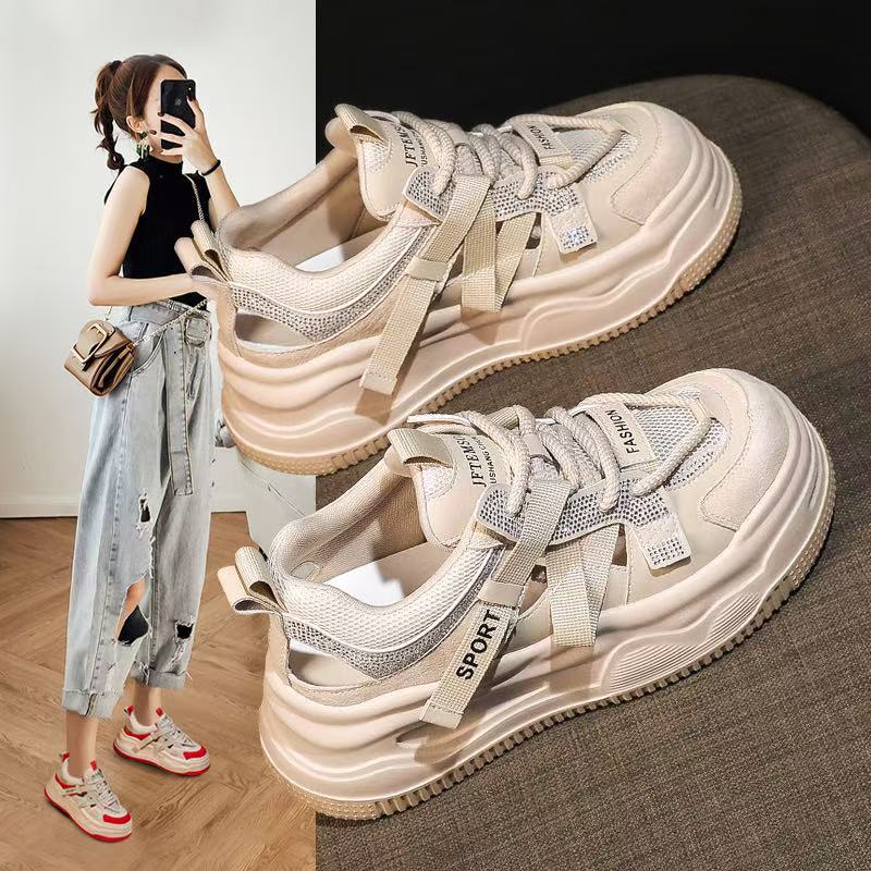 2523 leather casual shoes women's new summer new lightweight thick-soled heightening sports shoes color matching breathable board
