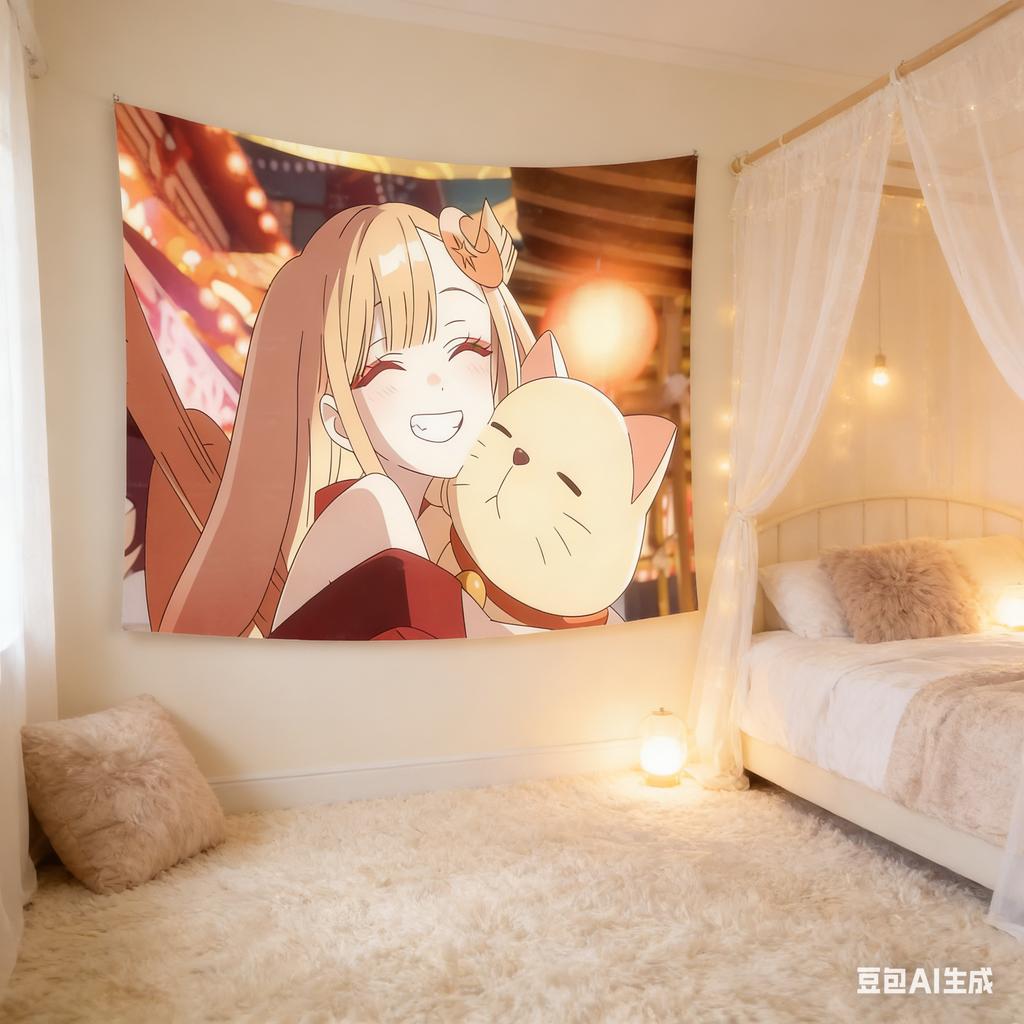 Kawaii Anime Girl Cat Tapestry Cozy Lofi Aesthetic Print Polyester Wall Hanging for Bedroom Cute Anime Pet and Warm Night Sc